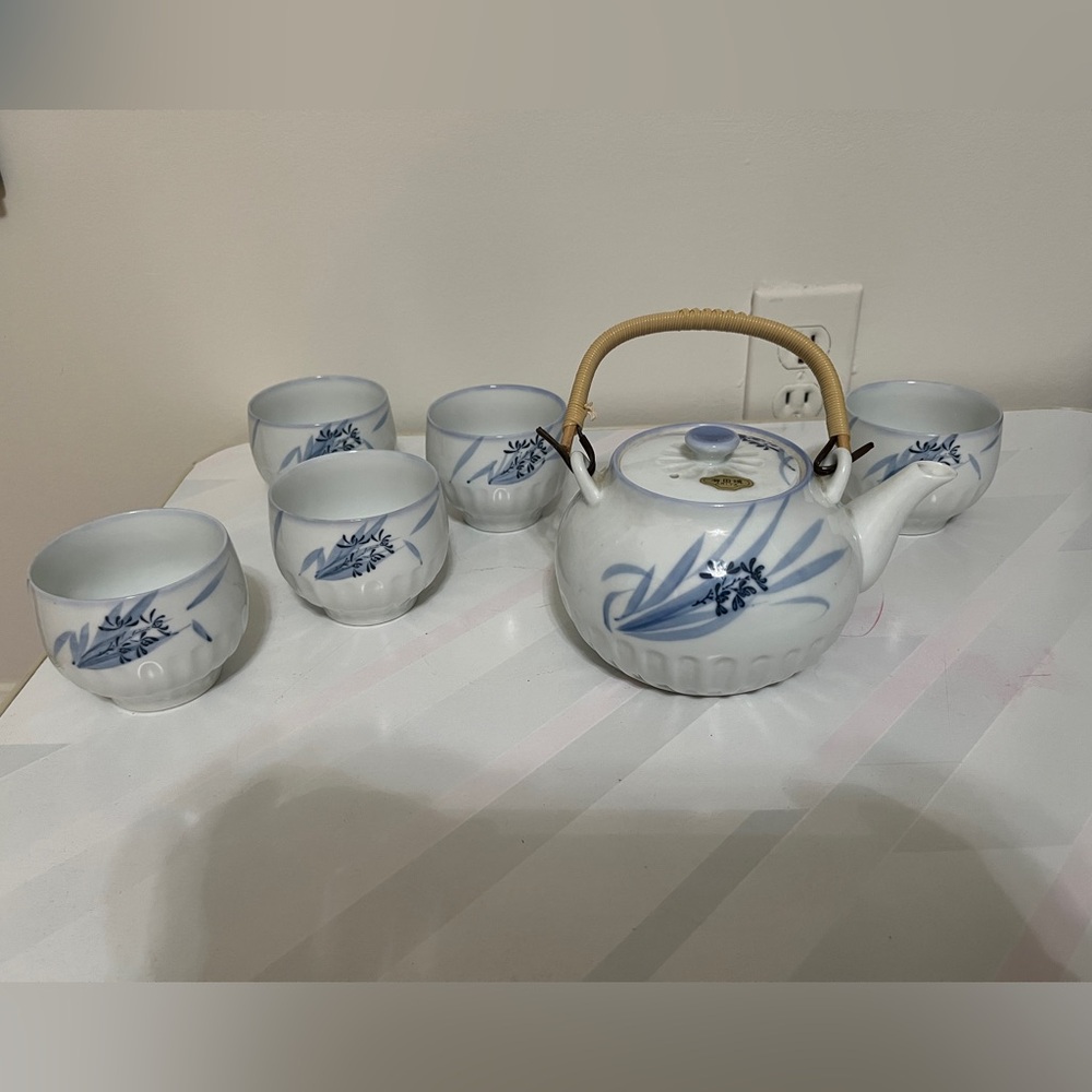 Vintage Japanese Tea Set, white with blue florals